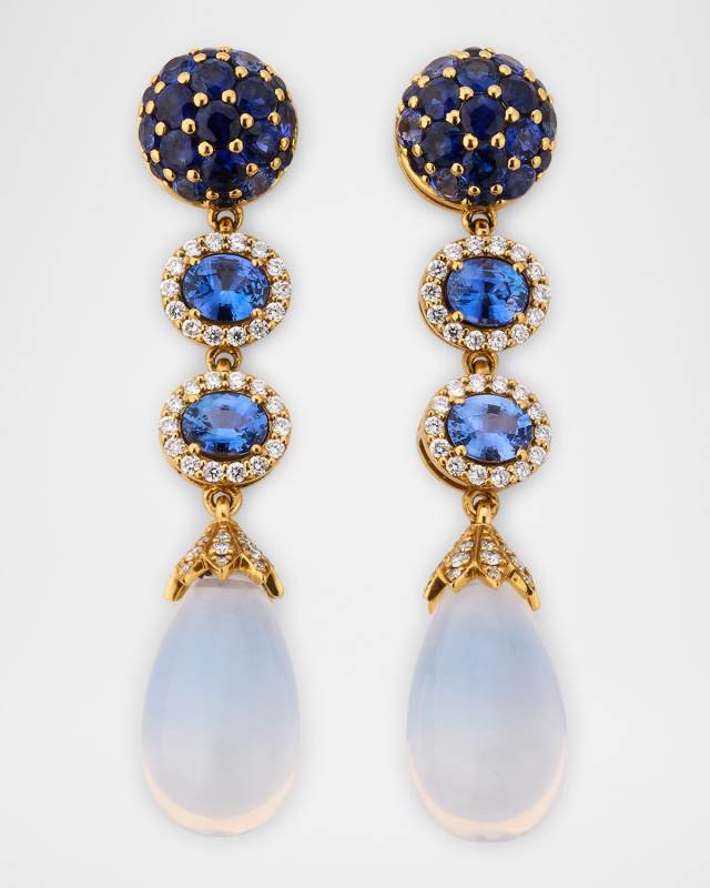 18K Yellow G-One Moon Quartz and Sapphire Earrings with Diamonds